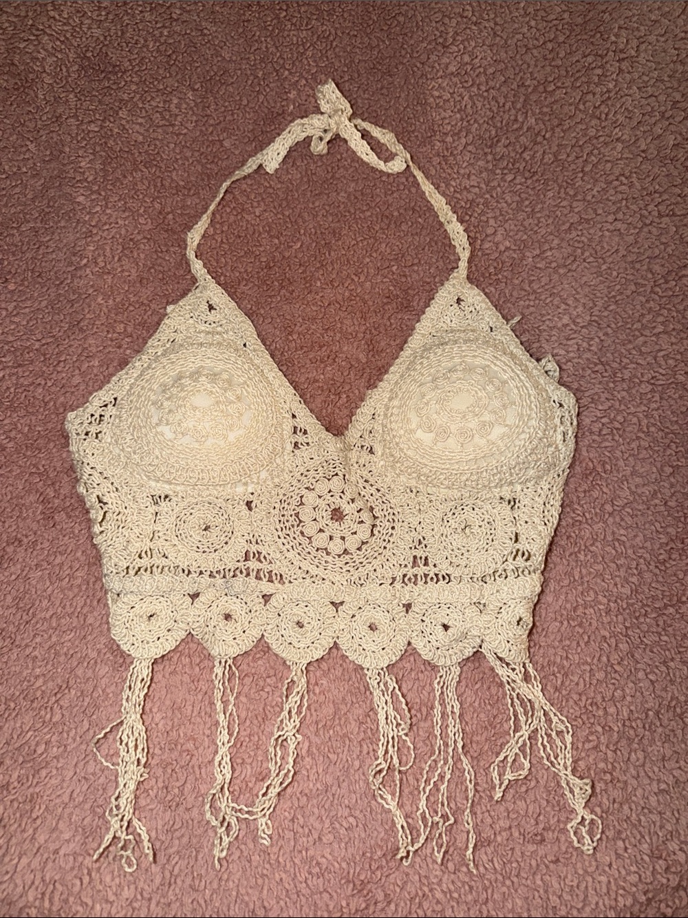 Crochet Halter Fringe Crop Top in Cream